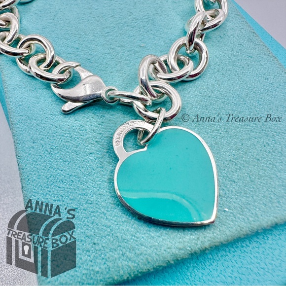 Return To Tiffany & Co. 925 Silver MED Blue Enamel RTT Heart 7" Bracelet (boxset - Picture 3 of 7